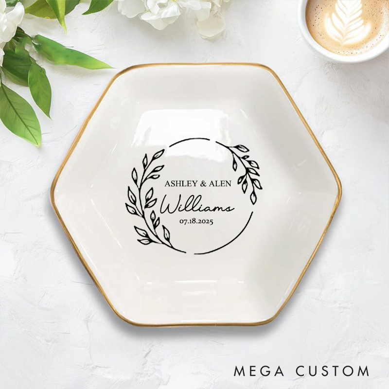 Personalized Elegant Circular Laurel Monogram Wedding Engagement Couple Gold-Trimmed Hexagon Ring Dish
