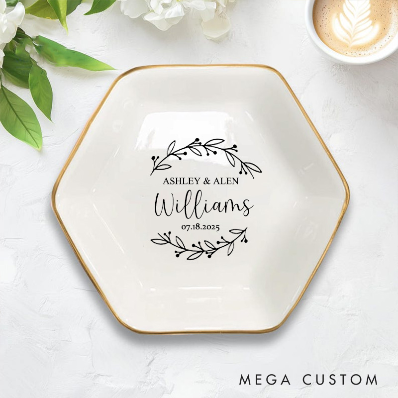 Personalized Delicate Botanical Wreath Wedding Monogram Wedding Engagement Couple Gold-Trimmed Hexagon Ring Dish