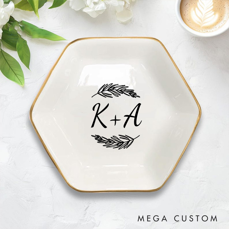 Personalized Elegant Fern Wedding Monogram with Initials Wedding Engagement Couple Gold-Trimmed Hexagon Ring Dish