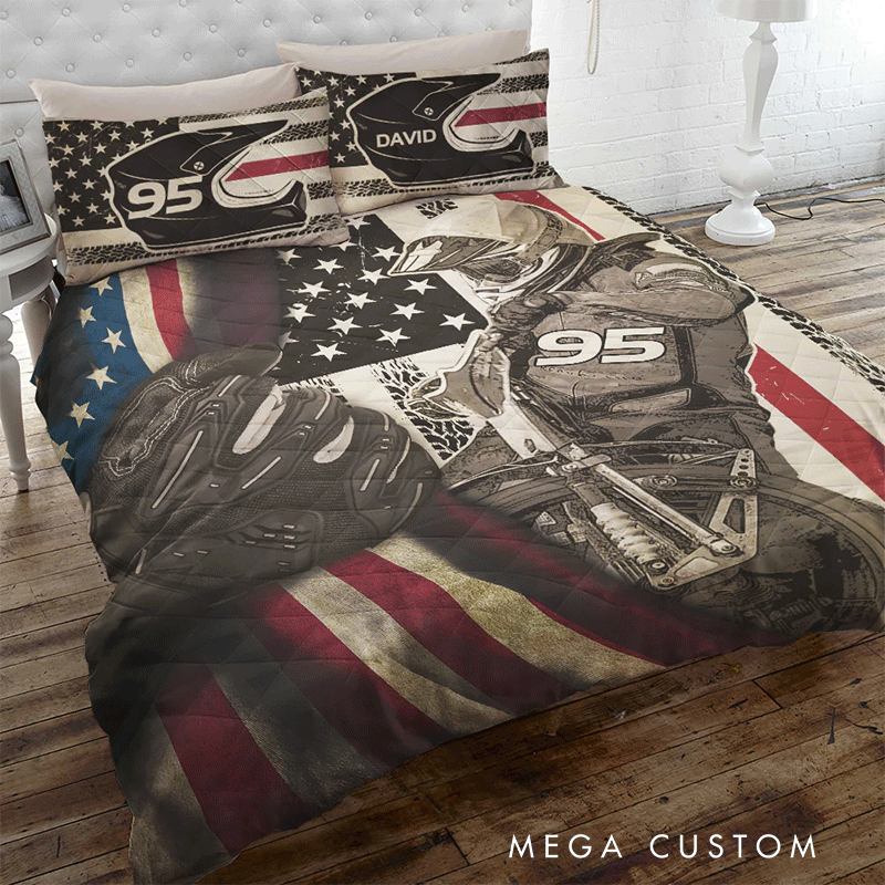 Personalized Motorcycle Speedway Quilt Bed Set Gift for Biker and Motorcycle Fans