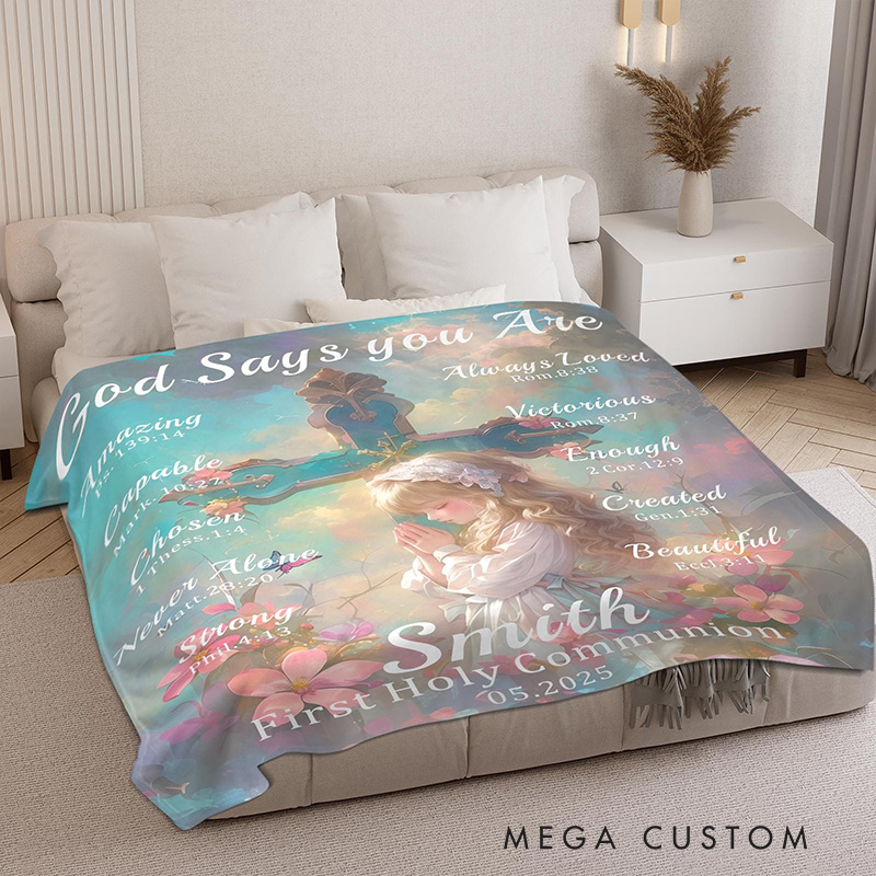Personalized Gods Say You are Cross and Girl First Communion Blanket with Name Bible Verse Blanket Home Decor Religion Baptism Gift for Girl Boy