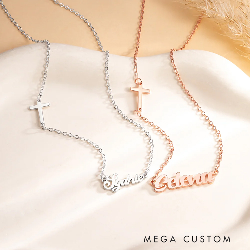 Personalized Sideway Cross and Name Pendant Necklace for Women Religious Jewelry Christening Baptism Gift for Women Christian Christmas Gift for Her