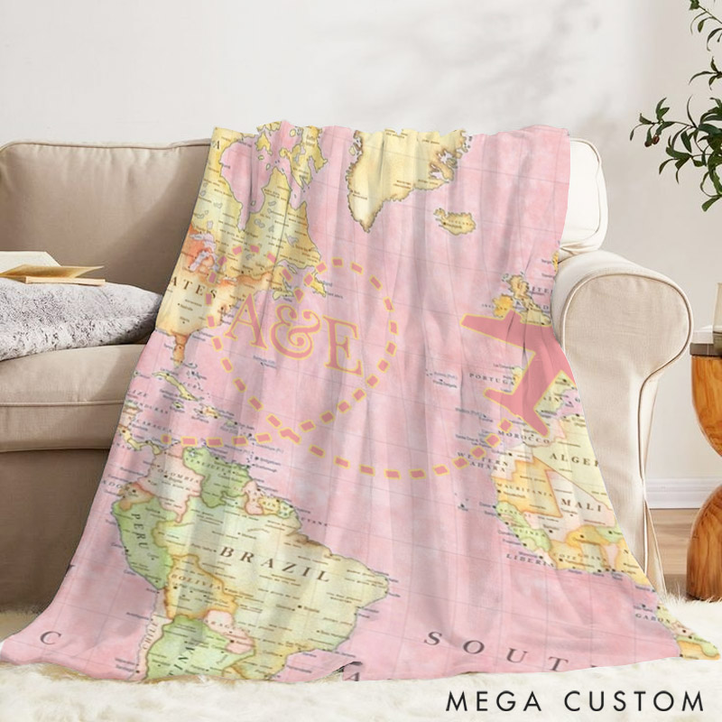 Personalized Travel Blanket Perfect Gift for Travel Lovers with Pink Map Featuring Custom Initials