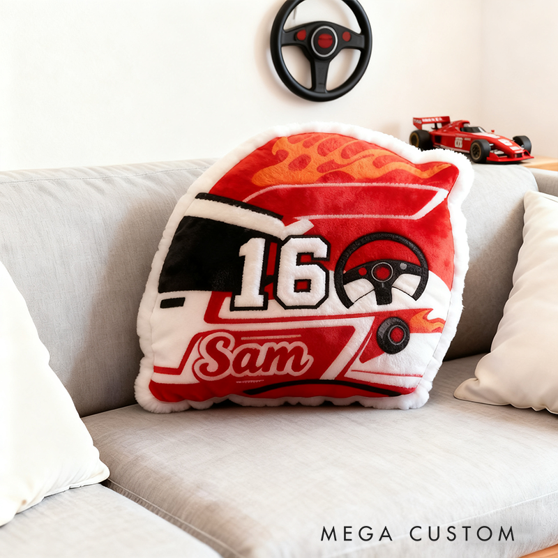 Personalized Racing Helmet Shaped Pillow Custom Name Race Car Design Cushion Gift for Motorsports and Racing Lovers