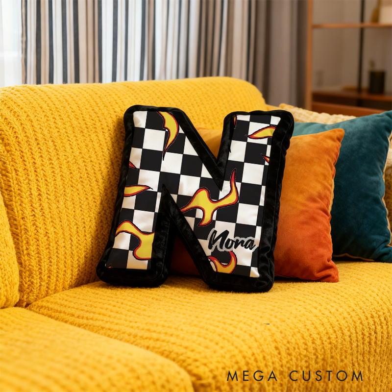 Personalized Racing Flame Pillow Custom Initial Checkered Flag Design Cushion 3D Print Gift for Motorsports Fans