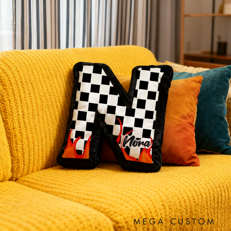 Personalized Racing Flame Pillow Custom Initial Checkered Flag Design Cushion 3D Print Gift for Speed Enthusiasts