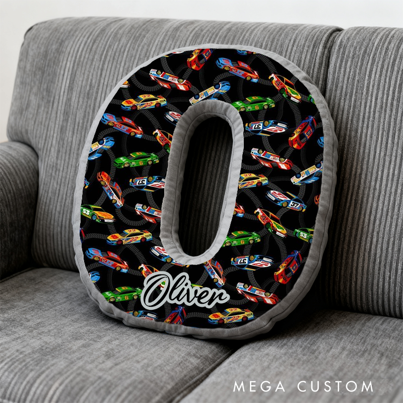 Personalized Race Car Initial Pillow Custom Name Cushion Gift for Car Enthusiasts