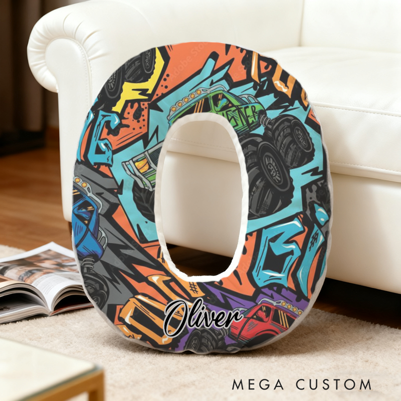 Personalized Graffiti Monster Truck Initial Pillow with Custom Name Gift for Truck Enthusiasts