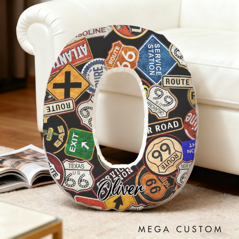 Personalized Route 66 Road Sign Initial Pillow with Custom Name Gift for Travel Enthusiasts