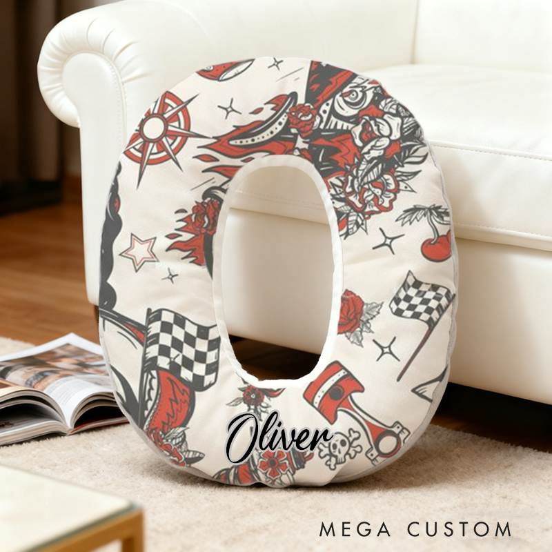 Personalized Racing Tattoo Inspired Initial Pillow with Custom Name Gift for Motorsport Fans
