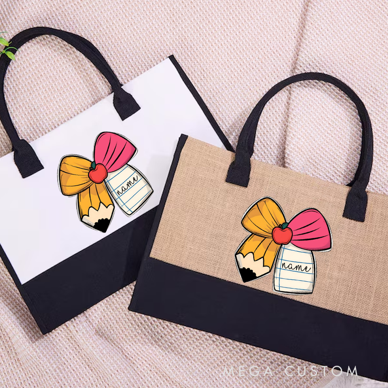 Personalized Teacher Name Fashion Bow Design Cotton Canvas Patchwork Tote Bag