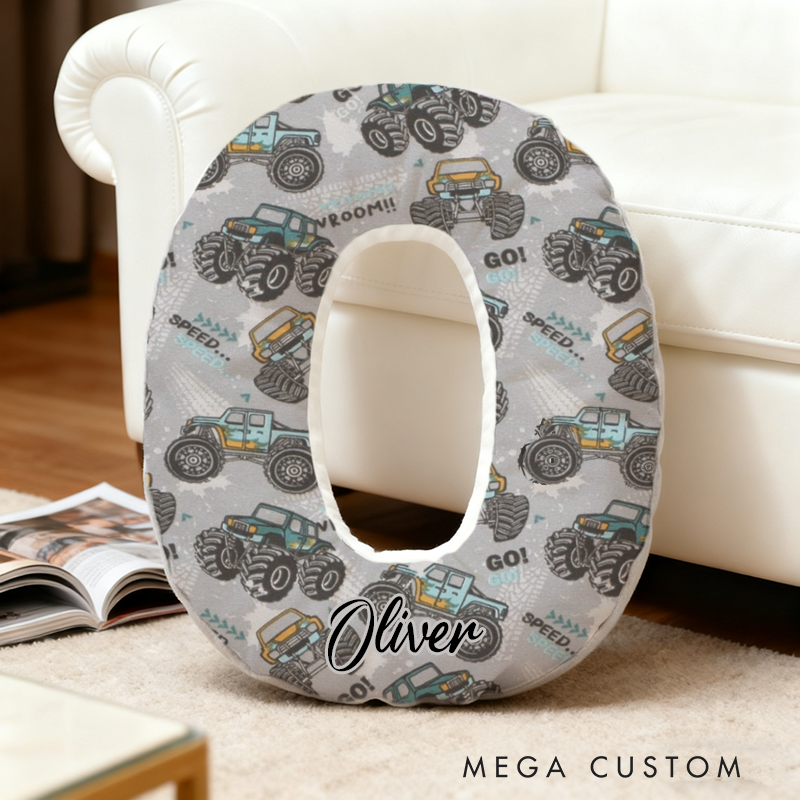 Personalized Monster Truck Racing Initial Pillow with Custom Name Gift for Truck Enthusiasts