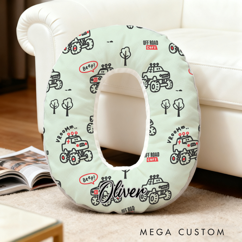 Personalized Cartoon Off Road Monster Truck Initial Pillow with Custom Name Gift for Truck Lover Kidss