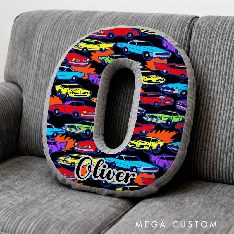 Personalized Racing Vehicle Themed Initial Pillow with Custom Name Gift for Kids and Vehicle Enthusiasts