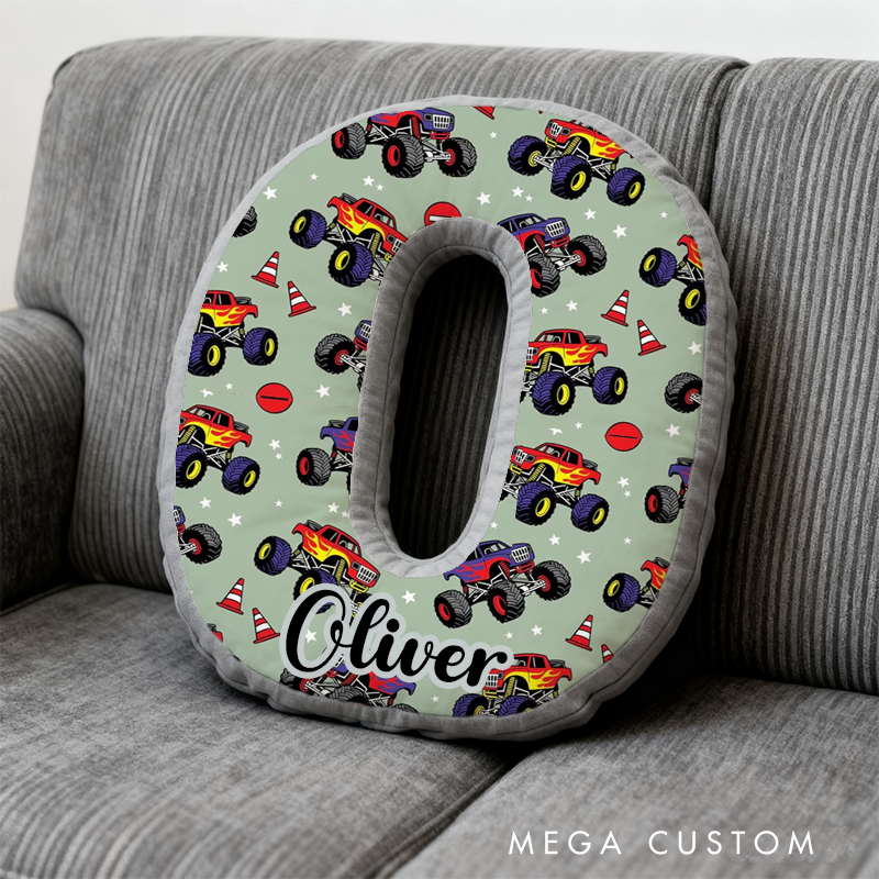 Personalized Monster Truck Vehicle Themed Alphabet Pillow with Custom Name Gift for Kids