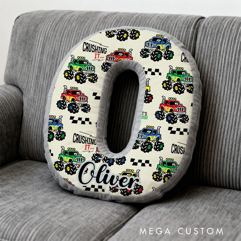 Personalized Monster Truck Vehicle Themed Alphabet Pillow with Custom Name Gift for Kids