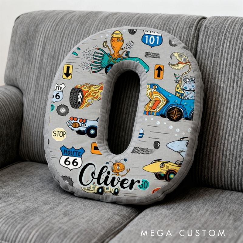 Personalized Retro Vehicle Themed Alphabet Pillow with Custom Name Gift for Kids Vehicle Fans
