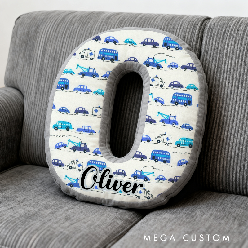 Personalized Blue Cartoon Vehicle Themed Alphabet Pillow with Custom Name Gift for Kids Vehicle Fans