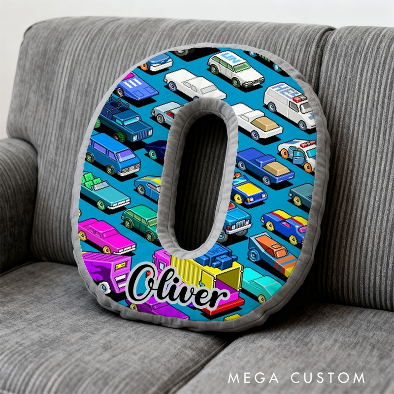 Personalized Colorful Vehicle Themed Alphabet Pillow with Custom Name Gift for Kids Vehicle Fans
