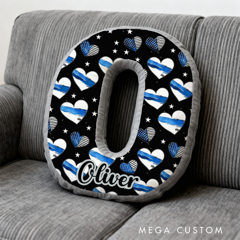 Personalized Letter Shaped Back the Blue Pillow with Heart and Star Design Custom Name Gift for Kids