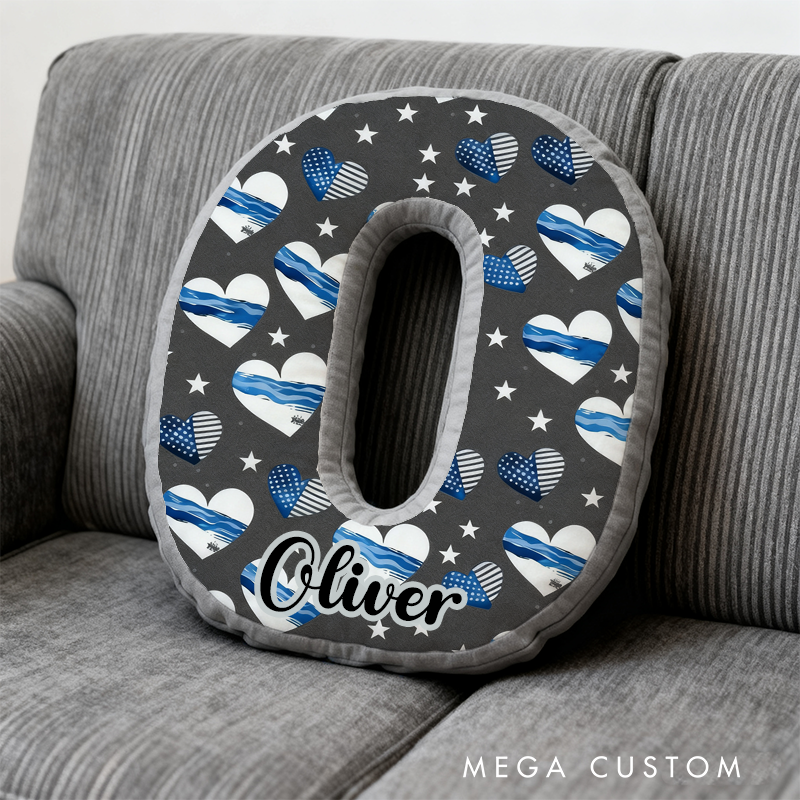 Personalized Letter Shaped Blue Line Pillow with Heart and Star Design Custom Name Gift for Kids