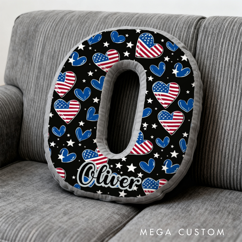 Personalized Letter Shaped Pillow with American Flag Heart Design Custom Name Gift for Police Kids