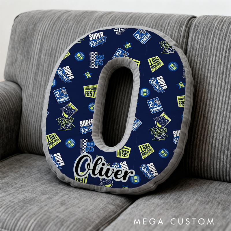 Personalized Letter Shaped Pillow with Racing Theme Design Custom Name Gift for Vehicle Fans