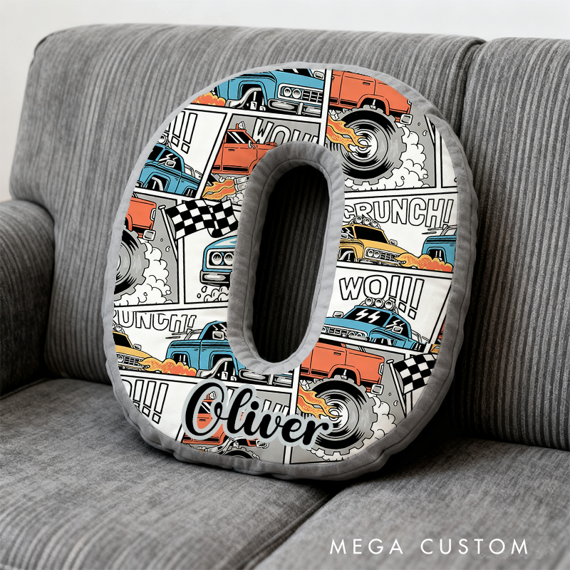 Personalized Monster Truck Letter Shaped Pillow Custom Name Design Car Enthusiasts and Motorsport Fans Gift