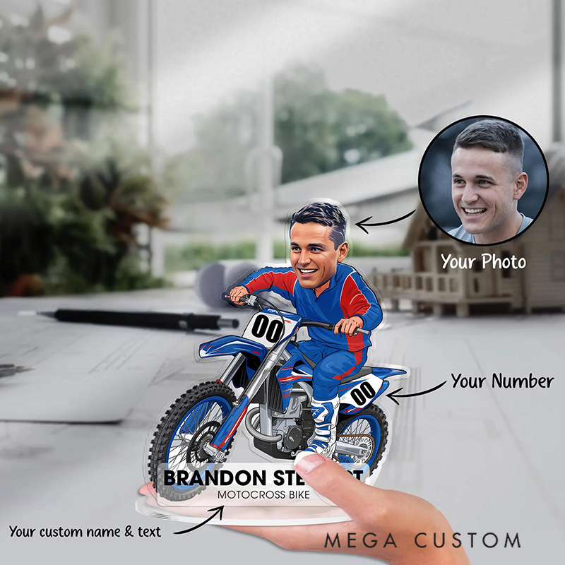 Personalized Motocross Biker Figurine Caricature Portrait Desk Name Plate Acrylic Motorcycle Dirt Bike Plaque Office Decor Gifts