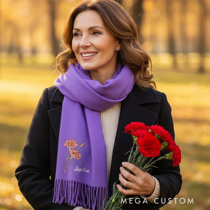 Personalized Birth Flower Soft Warm Tassel Scarf with Name Winter Accessory Anniversary Birthday Gifts