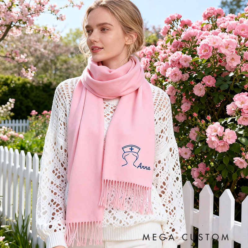 Personalized Nurse Scarf Custom Name Embroidered Shawl Gift for Nurse Girlfriend or Mom Solid Color Winter Wrap