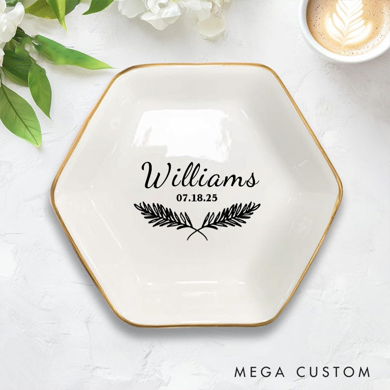 Personalized Classic Fern Wedding Monogram with Date Wedding Engagement Couple Gold-Trimmed Hexagon Ring Dish