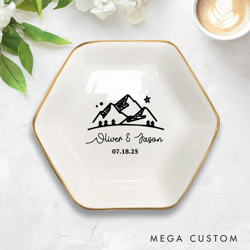 Personalized Adventure-Inspired Mountain Under the Night Sky Wedding Engagement Couple Gold-Trimmed Hexagon Ring Dish