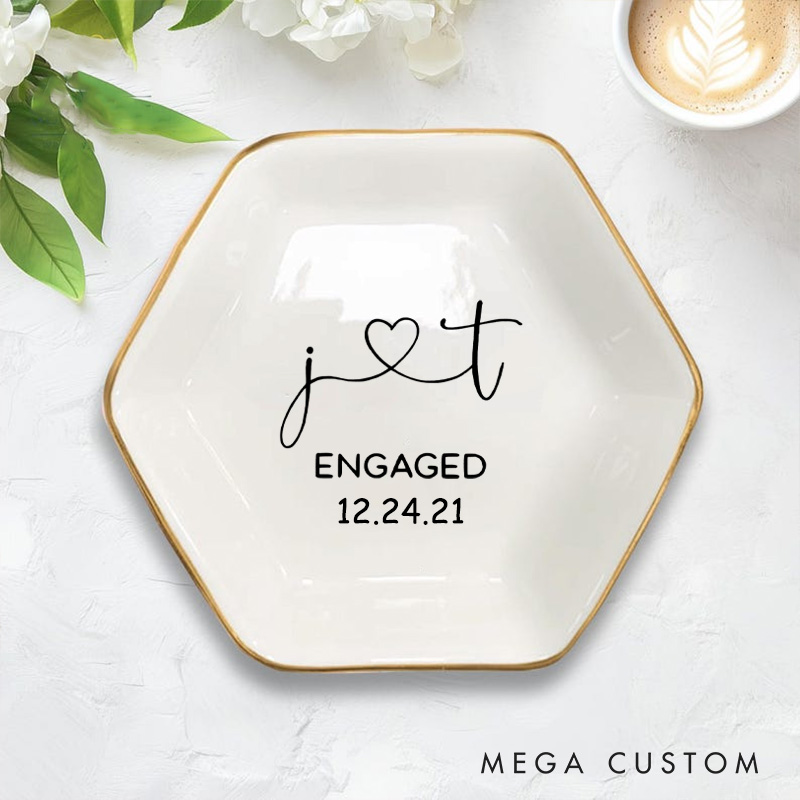 Personalized Heart-Connected Initials Engagement Monogram Engagement Couple Gold-Trimmed Hexagon Ring Dish