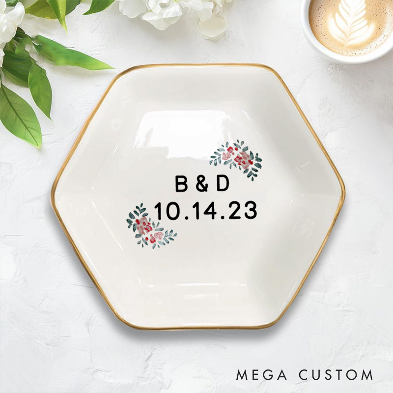 Personalized Red Floral Wedding Monogram with Initials and Date Wedding Engagement Couple Gold-Trimmed Hexagon Ring Dish
