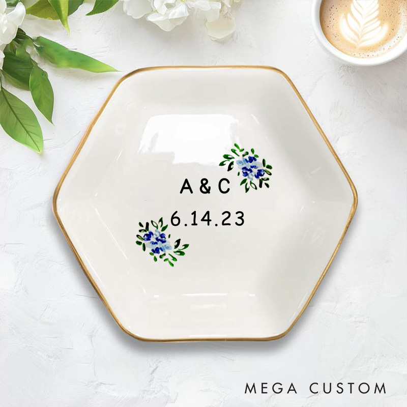 Personalized Blue Floral Wedding Monogram with Initials and Date Wedding Engagement Couple Gold-Trimmed Hexagon Ring Dish