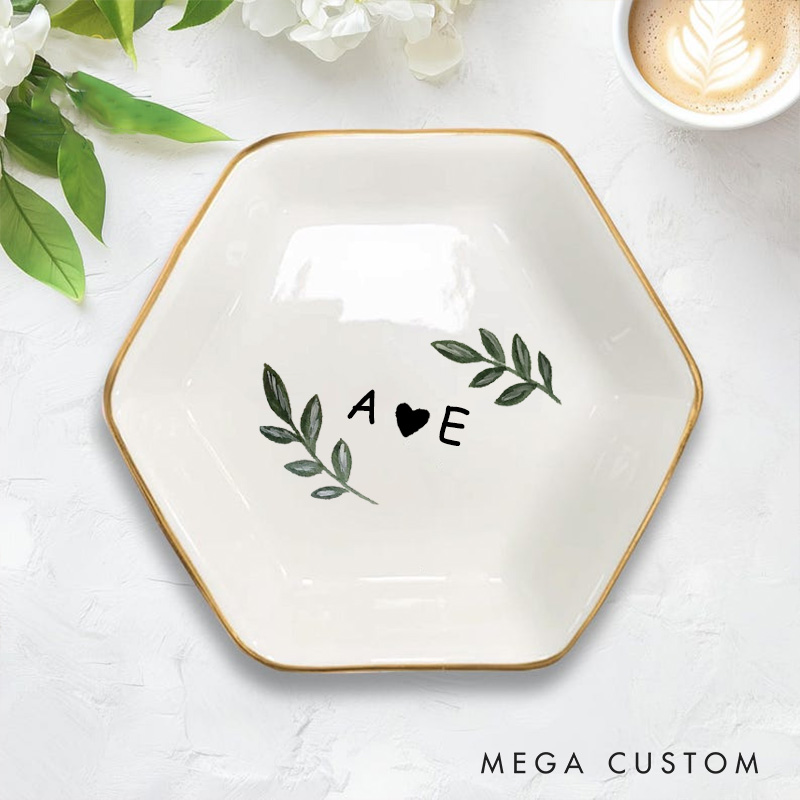 Personalized Simple Watercolor Oliver with Initials and Heart Wedding Engagement Couple Gold-Trimmed Hexagon Ring Dish