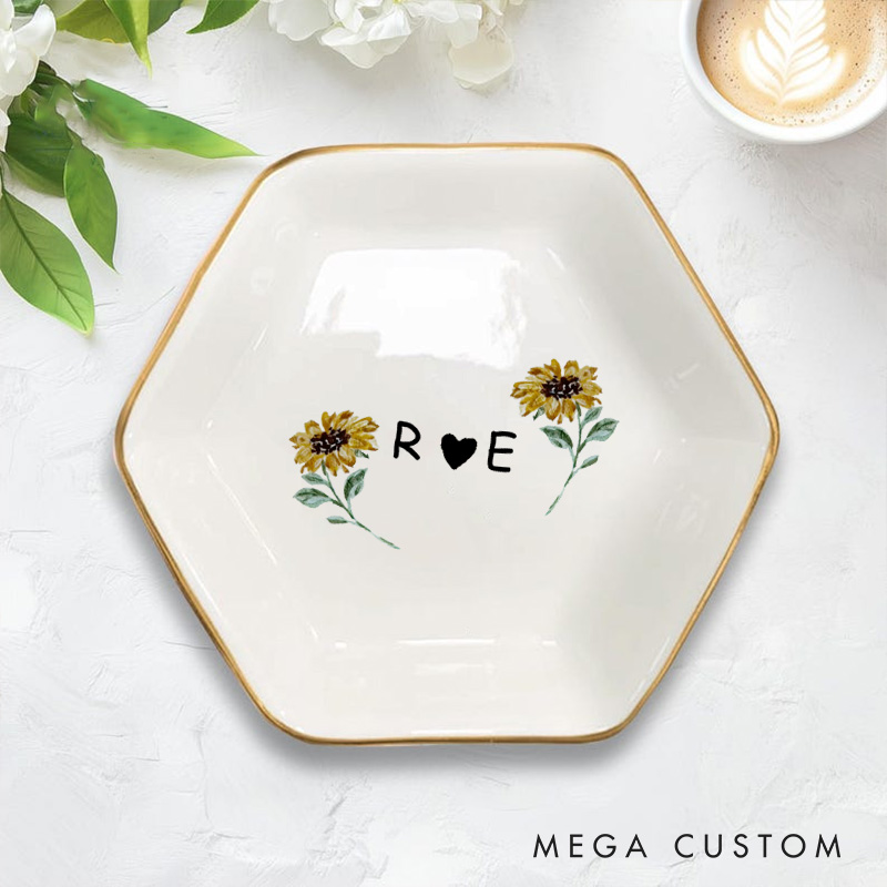 Personalized Cheerful Watercolor Sunflowers with Initials and Heart Wedding Engagement Gold-Trimmed Hexagon Ring Dish