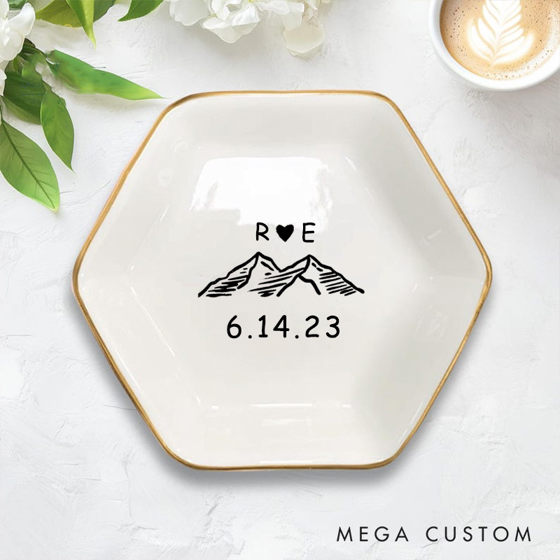 Personalized Mountain Adventure Initials Design with Heart and Date Wedding Engagement Gold-Trimmed Hexagon Ring Dish