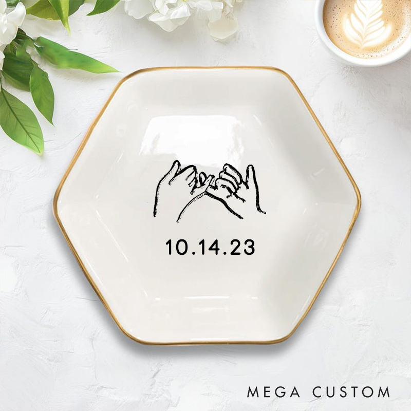 Personalized Minimalist Hand-in-Hand with Date Wedding Engagement Gold-Trimmed Hexagon Ring Dish