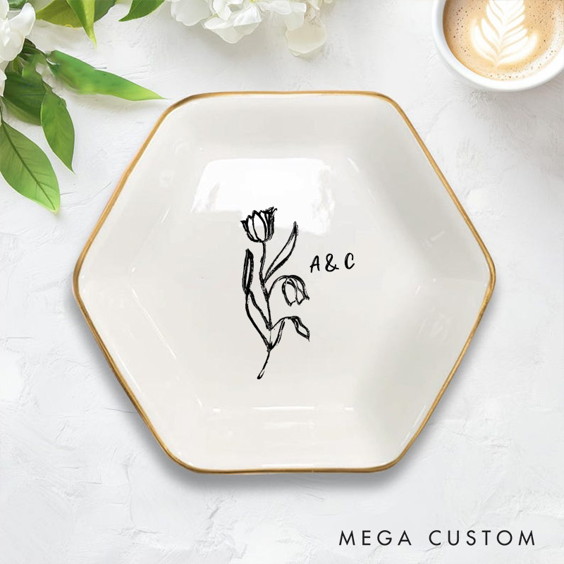 Personalized Artistic Floral Tulip Initials with Date Wedding Engagement Gold-Trimmed Hexagon Ring Dish