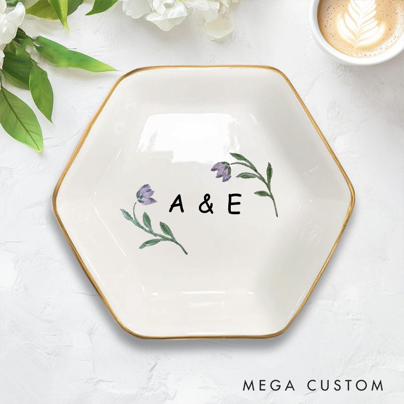 Personalized Watercolor Purple Tulip with Initials Wedding Engagement Gold-Trimmed Hexagon Ring Dish