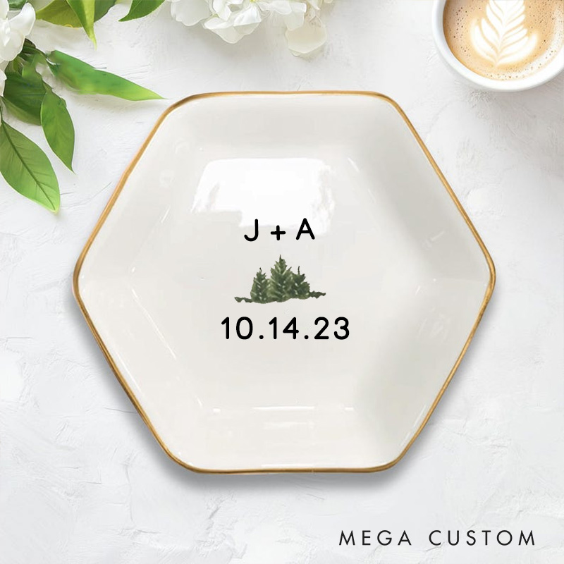 Personalized Minimalist Evergreen with Initials and Date Wedding Engagement Gold-Trimmed Hexagon Ring Dish