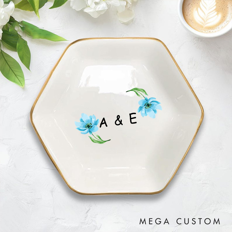 Personalized Watercolor Floral Blue Blossoms with Initials Wedding Engagement Gold-Trimmed Hexagon Ring Dish