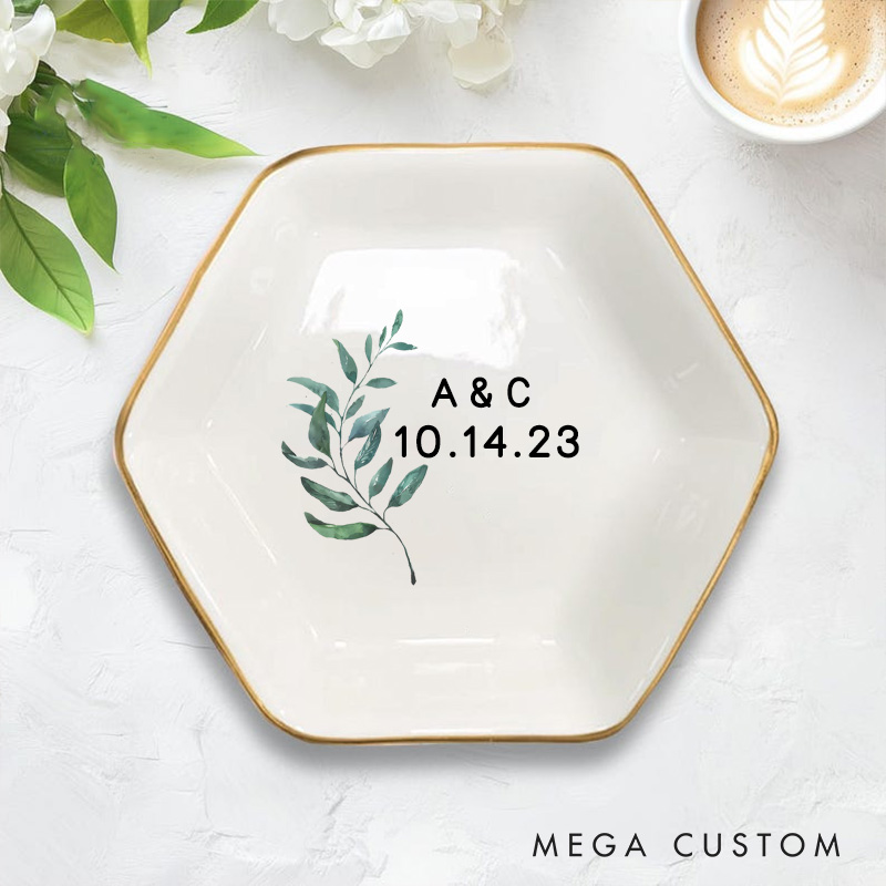 Personalized Elegant Watercolor Fern Leaves with Initials and Date Wedding Engagement Gold-Trimmed Hexagon Ring Dish