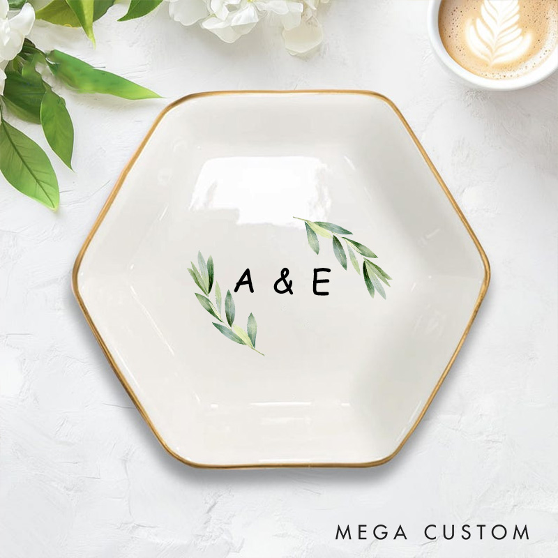 Personalized Watercolor Leafy Branches with Initials Wedding Engagement Gold-Trimmed Hexagon Ring Dish