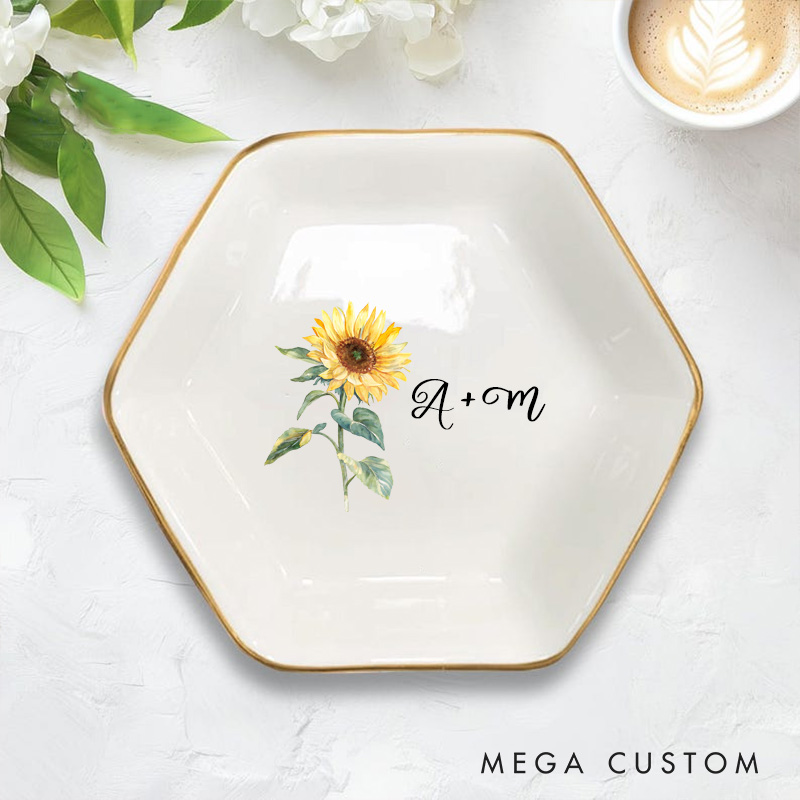 Personalized Vibrant Sunflower with Initials Wedding Engagement Gold-Trimmed Hexagon Ring Dish