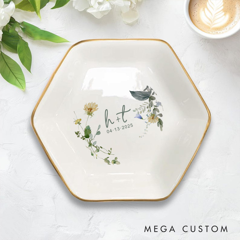 Personalized Delicate Watercolor Floral and Leaves Wedding Engagement Gold-Trimmed Hexagon Ring Dish
