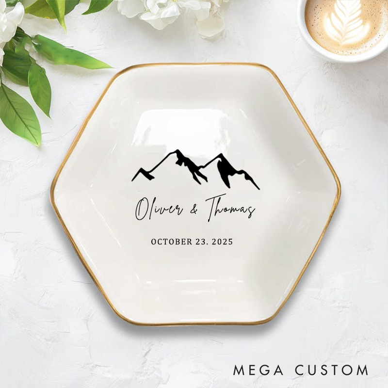 Personalized Minimalist Mountain Range Wedding Engagement Gold-Trimmed Hexagon Ring Dish