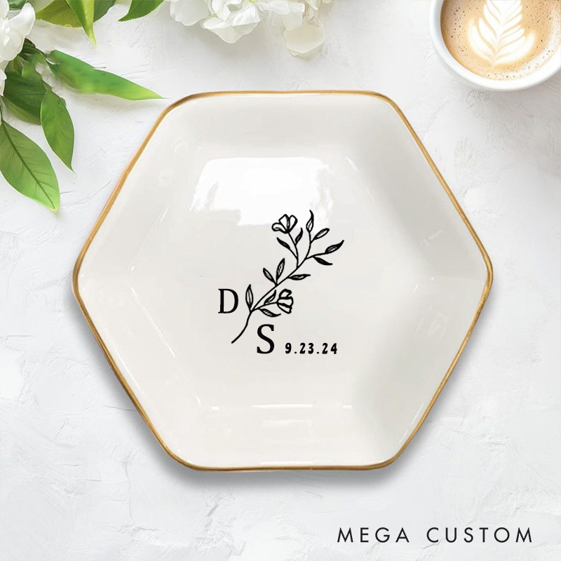 Personalized Minimalist Wild Flower with Initials Wedding Engagement Gold-Trimmed Hexagon Ring Dish
